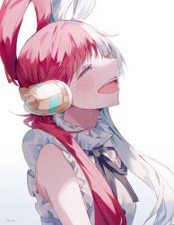 Rule 34 | 1girl, absurdres, artist name, behind-the-head headphones, black ribbon, blush, closed eyes, commentary request, crying, dress, gradient background, grey background, hair rings, headphones, highres, long hair, multicolored hair, neck ribbon, one piece, one piece film: red, open mouth, red hair, ribbon, simple background, sleeveless, sleeveless dress, solo, split-color hair, streaming tears, tears, teeth, two-tone hair, umemaro (siona0908), upper body, upper teeth only, uta (one piece), white background, white dress, white hair