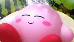 Rule 34 | :o, animated, animated gif, blue eyes, blush, blush stickers, colored skin, closed eyes, food, fruit, kirby, kirby (series), looking at viewer, lowres, nintendo, no humans, official art, pink skin, pool, smile, water, watermelon