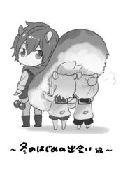 Rule 34 | 1girl, 2boys, animal ears, boots, cover, full body, greyscale, height difference, hug, hugging another&#039;s tail, hugging tail, kagamine len, kagamine rin, kaito (vocaloid), kikuchi mataha, looking back, monochrome, multiple boys, shorts, simple background, squirrel ears, squirrel tail, tail, vocaloid, white background