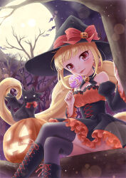 Rule 34 | 1girl, :3, animal, bare tree, bat (animal), blonde hair, blurry, blush, bokeh, boots, bow, candy, cat, choker, cross-laced footwear, crossed legs, depth of field, detached sleeves, dress, food, frilled dress, frills, full moon, glowing, halloween, hat, hat bow, holding, holding candy, holding food, holding lollipop, ibuki ena, in tree, jack-o&#039;-lantern, jack-o&#039;-lantern hat ornament, jack-o&#039;-lantern ornament, juliet sleeves, lace-up boots, licking, lollipop, long hair, long sleeves, low twintails, moon, nail polish, night, original, outdoors, pink eyes, puffy sleeves, pumpkin, short dress, sitting, sitting in tree, smile, solo, swirl lollipop, tongue, tongue out, tree, twintails, underbust, very long hair, witch, witch hat