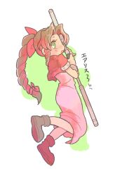 Rule 34 | 1girl, aerith gainsborough, boots, bracelet, brown footwear, brown hair, cropped jacket, curly hair, dress, final fantasy, final fantasy vii, green eyes, hair ribbon, highres, holding, holding staff, holding weapon, jacket, jewelry, jumping, long hair, open clothes, open jacket, open mouth, pink dress, red jacket, ribbon, smile, solo, staff, tasituma2, translated, weapon