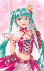 Rule 34 | 1girl, aqua eyes, aqua hair, aqua nails, arm ribbon, asymmetrical clothes, asymmetrical sleeves, bare shoulders, breasts, chain, chain around arm, cleavage, commentary, crop top, crown, detached sleeves, flower, frilled sleeves, frills, green eyes, hair flower, hair ornament, hatsune miku, holding, holding microphone stand, looking at viewer, marker (medium), mayo riyo, medium breasts, microphone stand, midriff, mini crown, music, navel, pink background, pink flower, pink rose, project diva (series), ribbon, ribbon-trimmed skirt, ribbon trim, romeo to cinderella (vocaloid), rose, singing, single bare arm, single detached sleeve, skirt, traditional media, vintage dress (module), vocaloid
