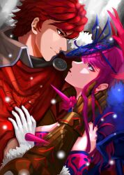Rule 34 | 1boy, 1girl, absurdres, bare shoulders, blush, breasts, cleavage, diamant (fire emblem), dress, elbow gloves, fascinator, fire emblem, fire emblem engage, flower, gloves, hair ornament, hetero, highres, imminent kiss, ivy (fire emblem), jewelry, large breasts, long hair, mazarin, mole, mole under mouth, nintendo, purple eyes, purple hair, red hair, rose, white gloves
