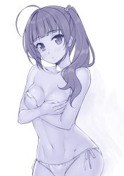 Rule 34 | 1girl, absurdres, ahoge, bikini, bikini bottom only, blunt bangs, blush, breast hold, breasts, chestnut mouth, cleavage, covering privates, covering breasts, crossed arms, groin, hair ornament, head tilt, highres, long hair, looking at viewer, medium breasts, monochrome, navel, side-tie bikini bottom, side ponytail, solo, swimsuit, tachibanakou, uchi no imouto, white background, yamakaze ran