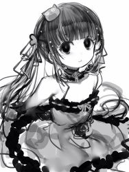 Rule 34 | anquette-chan (nanashi), bare shoulders, blunt bangs, bow, choker, dot nose, dress, empty eyes, flat chest, frilled choker, frilled dress, frills, greyscale, hair ornament, hands behind, heart, heart hair ornament, highres, looking at viewer, monochrome, nanashi (nlo), open mouth, original, ribbon, shoulderless dress, sidelocks, simple background, sitting, twintails, white background