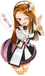 Rule 34 | 1girl, :d, bare shoulders, bracelet, brown hair, commentary request, cowboy shot, dress, hairband, hand up, heart, highres, holding, holding microphone, idolmaster, idolmaster (classic), jewelry, long hair, looking at viewer, microphone, minase iori, necklace, one eye closed, open mouth, pink dress, pom pom (cheerleading), red eyes, simple background, smile, solo, standing, standing on one leg, thighhighs, translation request, tuxedo de cat, white background, yellow thighhighs