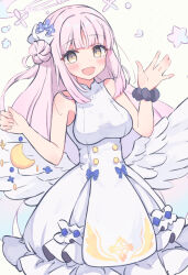 Rule 34 | 1girl, angel wings, blue archive, blush, breasts, crescent, crescent pin, dress, feathered wings, flower, frilled dress, frills, hair bun, hair flower, hair ornament, halo, highres, long hair, looking at viewer, medium breasts, mika (blue archive), open mouth, pink hair, pink halo, purple flower, sateto (user knrf2332), simple background, single side bun, sleeveless, sleeveless dress, smile, solo, white background, white dress, white wings, wings, yellow eyes