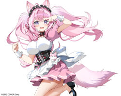 Rule 34 | 1girl, animal ear fluff, animal ears, apron, arm up, black footwear, blush, breasts, fang, frilled apron, frills, hair between eyes, hakui koyori, hololive, kurot, large breasts, long hair, official art, open mouth, pink hair, pink skirt, pleated skirt, puffy short sleeves, puffy sleeves, purple eyes, shoes, short sleeves, simple background, skirt, solo, standing, standing on one leg, tail, twintails, v over eye, very long hair, virtual youtuber, waist apron, wavy mouth, white apron, white background, wrist cuffs