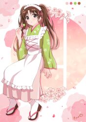 Rule 34 | 1boy, :i, alternate costume, alternate hair length, alternate hairstyle, apron, arm at side, bad feet, blush, brown hair, cherry blossom print, cherry blossoms, closed mouth, commentary request, dango, enmaided, falling petals, floral print, food, full body, green kimono, grey eyes, hair ribbon, hand up, highres, holding, holding food, invisible chair, japanese clothes, kimono, little busters!, long hair, long sleeves, looking at viewer, maid, maid apron, maid headdress, naoe riki, petals, pink background, pink ribbon, piyo (kinkooo333), print kimono, ribbon, sandals, sanshoku dango, signature, sitting, solo, tabi, tareme, trap, twintails, two-tone background, wa maid, wagashi, white apron, white background, wide sleeves, zouri