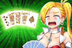 Rule 34 | 1girl, absurdres, ace (playing card), ace of spades, blonde hair, breasts, calamity jane (fate), card, choker, cleavage, closed eyes, crying, defeat, earrings, emphasis lines, fate/grand order, fate (series), highres, holding, holding card, hoop earrings, jack (playing card), jack of spades, jewelry, king (playing card), king of spades, playing card, poker, queen (playing card), queen of spades, royal flush, side ponytail, solo, sotomichi, spade (shape), streaming tears, tears