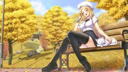 Rule 34 | 1girl, absurdres, ass, autumn, autumn leaves, bench, beret, black bow, black bowtie, black footwear, black skirt, black thighhighs, blonde hair, blue sky, bottle, bow, bowtie, breasts, button gap, cat, collared shirt, commission, day, drinking straw, full body, happy, hat, highres, holding, holding bottle, juice, korean commentary, large breasts, lens flare, long hair, looking at viewer, nomalman, open mouth, original, outdoors, panties, park, park bench, partially unbuttoned, petting, pink eyes, shirt, shirt tucked in, shoes, short sleeves, sitting, skirt, sky, smile, solo, thighhighs, tree, underwear, upskirt, white cat, white hat, white panties, white shirt