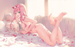 Rule 34 | 10s, 1girl, artist name, ass, atdan, barefoot, bed, breasts, completely nude, darling in the franxx, elbow gloves, feet, fish, food, gloves, green eyes, highres, horns, long hair, looking at viewer, lying, medium breasts, nude, on stomach, petals, pillow, pink hair, solo, the pose, toes, zero two (darling in the franxx)