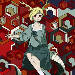 Rule 34 | 1girl, antlers, aqua shirt, aqua skirt, blonde hair, closed mouth, commentary request, dragon tail, flat chest, hand up, highres, horns, invisible chair, kaigen 1025, kicchou yachie, looking at viewer, no sclera, red eyes, shirt, short hair, shorts, sitting, skirt, sleeves past elbows, solo, tail, touhou, white shorts