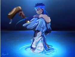Rule 34 | 1boy, armor, blue hair, capelet, cu chulainn (fate), cu chulainn (caster) (fate), earrings, fate/grand order, fate (series), floating hair, from side, glowing liquid, hood, hood down, hooded capelet, jewelry, cu chulainn (fate/stay night), long hair, looking at viewer, male focus, multiple piercings, night, red eyes, signature, smile, solo, spiked hair, staff, vambraces, wooden staff, yukota 2631
