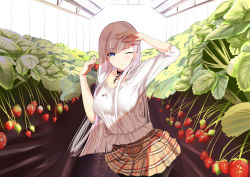 Rule 34 | 1girl, azur lane, belfast (azur lane), blocking, blouse, blue eyes, blush, braid, breasts, brown skirt, casual, chain, collar, collarbone, day, food, french braid, fruit, greenhouse, hand up, highres, holding, holding food, large breasts, long hair, looking at viewer, one eye closed, open mouth, pantyhose, plaid, plaid skirt, schreibe shura, shirt, silver hair, skirt, solo, strawberry, white shirt