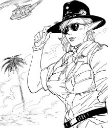 Rule 34 | 1girl, aircraft, bb (baalbuddy), belt, commentary, cowboy hat, elf, english commentary, gloves, greyscale, hand on headwear, hand up, hat, helicopter, highres, looking at viewer, mole, mole under mouth, monochrome, original, pointy ears, shirt, short sleeves, smile, solo, sunglasses