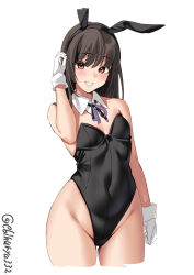 Rule 34 | 1girl, animal ears, arm at side, bare shoulders, black hair, black leotard, blush, breasts, covered navel, cropped legs, detached collar, ebifurya, fake animal ears, foreshortening, gloves, grin, hayashio (kancolle), highleg, highleg leotard, highres, kantai collection, leotard, looking at viewer, neck ribbon, no mole, playboy bunny, rabbit ears, ribbon, simple background, small breasts, smile, solo, strapless, strapless leotard, twitter username, white background, white gloves
