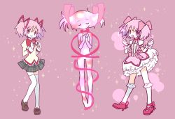 Rule 34 | 2girls, :d, blush, bubble, bubble background, bubble skirt, choker, clenched hands, dual persona, flat chest, floating, full body, gloves, grey skirt, hair ribbon, holding, kaname madoka, loafers, long sleeves, looking at viewer, magical girl, mahou shoujo madoka magica, mahou shoujo madoka magica (anime), mitakihara school uniform, multiple girls, no nose, open mouth, own hands clasped, own hands together, pink background, pink eyes, pink hair, pink ribbon, pokki (sue eus), red footwear, red ribbon, ribbon, school uniform, shoes, short hair, short twintails, simple background, skirt, smile, socks, soul gem, sparkle, sparkle background, standing, thighhighs, twintails, uniform, white gloves, white legwear