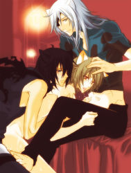 Rule 34 | 3boys, anal, animal ears, artist request, barefoot, cat boy, cat ears, cat tail, censored, eyepatch, feet, group sex, indoors, kneeling, lamento, male focus, male penetrated, mmm threesome, multiple boys, oral, sex, source request, tail, threesome, toes, yaoi