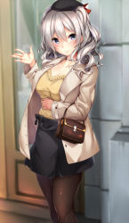 Rule 34 | 1girl, bag, beret, black hat, black skirt, blue eyes, blurry, blush, breasts, cleavage, collarbone, commentary request, depth of field, door, grey jacket, hair between eyes, hair ribbon, handbag, hat, highres, jacket, kantai collection, kashima (kancolle), lips, long hair, long sleeves, medium breasts, mitsukoshi (department store), nironiro, open clothes, open jacket, outdoors, outstretched hand, pantyhose, ribbon, shirt, silver hair, skirt, smile, solo, spread fingers, standing, twintails, wall, wavy hair, yellow shirt