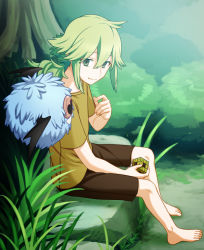Rule 34 | 1boy, barefoot, between legs, brown shirt, bush, closed mouth, commentary request, creatures (company), cube, day, game freak, gen 5 pokemon, green eyes, green hair, hair between eyes, hand between legs, hand up, holding, long hair, n (pokemon), nagiru, nintendo, outdoors, pokemon, pokemon (creature), pokemon bw, rock, shirt, short sleeves, sidelocks, sitting, smile, t-shirt, toes, tree, woobat