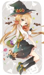 Rule 34 | 1girl, absurdres, animal, bad id, bad pixiv id, bag, bat (animal), black skirt, black socks, blush, bow, brown bow, candy, closed mouth, commentary, food, food-themed hair ornament, full body, ghost, green eyes, green footwear, green hat, hair ornament, hairclip, halloween, hat, head tilt, highres, jack-o&#039;-lantern, kneehighs, light brown hair, lollipop, long hair, looking at viewer, looking to the side, low twintails, original, polka dot, polka dot bow, pumpkin hair ornament, shirt, shoes, short sleeves, shoulder bag, skirt, skull hair ornament, socks, solo, swirl lollipop, symbol-only commentary, tsukiyo (skymint), twintails, very long hair, white shirt, witch hat