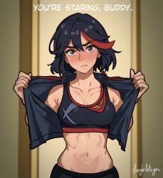 Rule 34 | 1girl, abs, ahoge, artist name, bare shoulders, black hair, black jacket, black pants, black sports bra, blue eyes, blurry, blurry background, blush, bob cut, breasts, cleavage, collarbone, commentary, cropped jacket, doorway, embarrassed, english commentary, english text, frown, head tilt, highres, holding, holding sign, indoors, jacket, kill la kill, laylaletsyou, looking at viewer, matoi ryuuko, medium breasts, midriff, multicolored hair, navel, nose blush, open clothes, open jacket, opened by self, pants, parted lips, red hair, senketsu, short hair, sign, solo, sports bra, star-shaped pupils, star (symbol), streaked hair, sweat, sweatpants, symbol-shaped pupils, thick eyebrows, tomboy, toned, two-tone hair, upper body, upturned eyes, v-shaped eyebrows, very sweaty