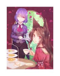 Rule 34 | 2girls, alternate costume, animal ears, ascot, brown hair, butler, chocolate, cup, door, dress, female butler, food, framed, head tilt, holding, holding cup, imaizumi kagerou, juliet sleeves, long sleeves, looking at viewer, macaron, multiple girls, nagae iku, one eye closed, pants, petals, pinky out, puffy sleeves, purple hair, red dress, red eyes, ribbon, rose petals, sitting, smile, teacup, terrajin, tiered tray, touhou, tray, white ribbon, wolf ears
