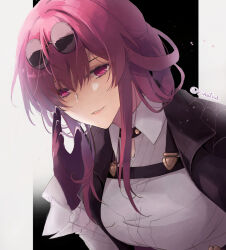 Rule 34 | 1girl, black background, blush, breasts, chest harness, collared shirt, dutch angle, eyewear on head, gloves, hair between eyes, hand up, harness, highres, honkai: star rail, honkai (series), jacket, kafka (honkai: star rail), kinatsu k, large breasts, long bangs, long hair, long sleeves, looking at viewer, open clothes, open jacket, parted lips, pillarboxed, purple eyes, purple gloves, purple hair, purple jacket, round eyewear, shirt, sidelocks, smile, solo, sunglasses, teeth, tented shirt, twitter username, upper body, watermark, white shirt