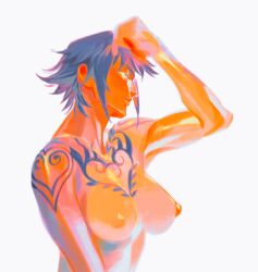 Rule 34 | 1girl, breasts, chest tattoo, female focus, genderswap, genderswap (mtf), highres, kithwith (kith 0121), large breasts, nipples, nude, one piece, restricted palette, short hair, shoulder tattoo, solo, tattoo, trafalgar law, upper body