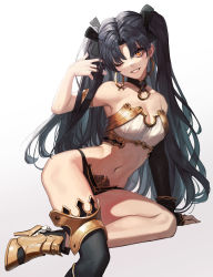 Rule 34 | 1girl, ;d, absurdres, arm support, arm up, armpits, bare hips, bare shoulders, bikini, black bikini, black bow, black hair, black thighhighs, bow, breasts, cleavage, collar, commentary, detached collar, earrings, fate/grand order, fate (series), grin, hair bow, hand in own hair, high heels, highres, hoop earrings, ishtar (fate), jewelry, long hair, mismatched bikini, navel, one eye closed, open mouth, parted bangs, reclining, red eyes, simple background, single thighhigh, smile, solo, stomach, strapless, strapless bikini, swimsuit, teeth, thighhighs, tunamayo (dsasd751), two side up, very long hair, white background, white bikini, yellow footwear