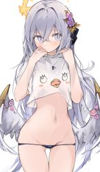 Rule 34 | 1girl, azusa (blue archive), black panties, blue archive, blue eyes, blush, breasts, closed mouth, cowboy shot, crop top, feathered wings, flower, gluteal fold, groin, hair between eyes, hair flower, hair ornament, halo, highres, lifting own clothes, long hair, looking at viewer, lowleg, lowleg panties, micro panties, mikozin, navel, panties, peroro (blue archive), pink eyes, purple eyes, purple hair, ribbon, shirt, short sleeves, simple background, small breasts, solo, standing, t-shirt, thigh gap, underwear, very long hair, white background, white shirt, wings