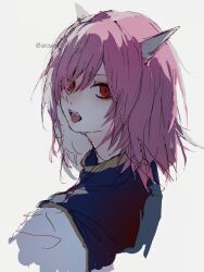 Rule 34 | 1girl, absurdres, grey background, highres, horns, ibaraki douji&#039;s arm, kn001215, looking at viewer, open mouth, pink hair, red eyes, short hair, simple background, slit pupils, solo, touhou, twitter username, upper body