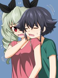 Rule 34 | :t, anchovy (girls und panzer), black hair, black ribbon, blue background, blush, braid, brown eyes, casual, closed eyes, commentary, drill hair, flying sweatdrops, frown, girls und panzer, green hair, green shirt, hair ribbon, hand on another&#039;s face, highres, long hair, looking at another, looking back, motion lines, open mouth, pepperoni (girls und panzer), red eyes, red shirt, ribbon, ruka (piyopiyopu), shirt, short hair, short sleeves, side braid, sweat, t-shirt, translated, twin drills, twintails, upper body, v-neck, wavy mouth