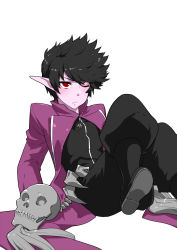 Rule 34 | 1boy, black hair, blush, character request, child, deyezi, male focus, pointy ears, purple hair, red eyes, solo, tagme
