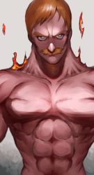 Rule 34 | 1boy, abs, absurdres, blue eyes, escanor, facial hair, fire, highres, ibuo (ibukht1015), looking at viewer, male focus, muscular, mustache, nanatsu no taizai, orange hair, topless male, simple background, solo