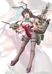 Rule 34 | 1girl, adapted costume, adapted turret, aqua bow, aqua bowtie, black hair, bow, bowtie, breasts, cannon, fishnet pantyhose, fishnets, hairband, high heels, kantai collection, large breasts, leotard, long hair, moke ro, multicolored hair, naganami (kancolle), pantyhose, pink hair, playboy bunny, purple footwear, purple leotard, rigging, smokestack, solo, strapless, strapless leotard, thigh strap, torpedo launcher, two-tone hair, wavy hair, white hairband, wrist cuffs, zoom layer