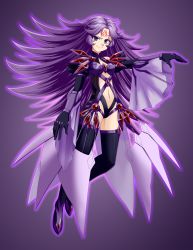 Rule 34 | 1girl, bad id, bad pixiv id, center opening, corruption, floating, gradient background, gufreedom, highres, latune subbota, leotard, long hair, long sleeves, looking at viewer, machinery, mechanical wings, navel, outstretched arm, purple background, purple eyes, purple hair, purple theme, smile, smirk, solo, stomach, super robot wars, thighs, wide sleeves, wings
