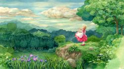 Rule 34 | 1girl, blonde hair, cloud, day, dress, efira, field, flower, forest, meadow, nature, original, plant, red dress, red footwear, scenery, shoes, sky, solo, standing, traditional media, tree, wind