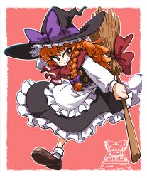 Rule 34 | 2girls, amerika zarigani, apron, azusa (cookie), black headwear, black skirt, black vest, blush, bow, braid, broom, brown eyes, brown footwear, closed mouth, commentary request, cookie (touhou), frilled apron, frilled skirt, frills, full body, hair bow, hakurei reimu, hat, highres, holding, holding broom, kanna (cookie), kirisame marisa, kotatsu, loafers, long hair, long sleeves, looking at viewer, multiple girls, orange hair, purple bow, purple headwear, red bow, red scarf, scarf, shirt, shoes, side braid, single braid, skirt, smile, socks, solo focus, table, touhou, vest, waist apron, white apron, white shirt, white socks, witch hat