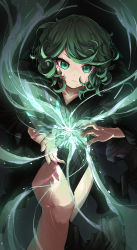 Rule 34 | 1girl, arms up, black dress, closed mouth, curly hair, dress, expressionless, flipped hair, floating, glowing, green eyes, green hair, highres, levitation, light, nmm, one-punch man, short hair, side slit, solo, tatsumaki, telekinesis