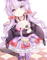 Rule 34 | 1girl, bow, collarbone, dress, frilled dress, frills, hair bow, hair ornament, highres, holding, holding stuffed toy, long hair, looking at viewer, purple eyes, purple hair, purple thighhighs, solo, stuffed animal, stuffed rabbit, stuffed toy, teardrop, thighhighs, twintails, vocaloid, voiceroid, yamagara, yuzuki yukari