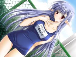 Rule 34 | 00s, 1girl, backlighting, blue hair, blue one-piece swimsuit, blush, breasts, character name, cleavage, cowboy shot, day, fingernails, game cg, half updo, korean text, legs together, long fingernails, long hair, name tag, nerine, one-piece swimsuit, outdoors, pointy ears, red eyes, school swimsuit, shuffle!, solo, standing, suzuhira hiro, swimsuit, very long hair