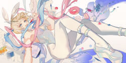 1girl alternate_costume animal_ears blonde_hair blue_eyes blue_footwear blue_hair blue_leotard blue_nails breasts candy chouzetsusaikawa_tenshi-chan commentary doughnut fake_animal_ears feathered_wings floating floating_hair food full_body glitch holding holding_candy holding_food holding_lollipop holographic_clothing leotard lollipop long_hair looking_at_viewer macaron medium_breasts multicolored_hair multicolored_nails nail_polish needy_girl_overdose o0oherb open_mouth pantyhose pink_hair pink_nails playboy_bunny quad_tails rabbit_ears shoes smile solo strapless strapless_leotard symbol-only_commentary very_long_hair white_pantyhose white_wings wings yellow_nails