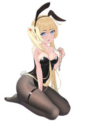 Rule 34 | 1girl, :d, absurdres, animal ears, bare arms, bare shoulders, between legs, black leotard, black pantyhose, blonde hair, blue eyes, blue nails, blush, breasts, collarbone, fake animal ears, fake tail, fingernails, hair between breasts, twirling hair, hand between legs, hand up, heart, heart in eye, highleg, highleg leotard, highres, leotard, long hair, looking at viewer, medium breasts, nail polish, no shoes, open mouth, original, pantyhose, playboy bunny, rabbit ears, rabbit tail, seiza, shiny clothes, shiny legwear, simple background, sitting, smile, solo, strapless, strapless leotard, symbol in eye, tail, thigh strap, twintails, wen3366