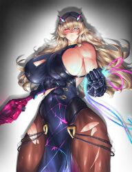 Rule 34 | 1girl, abs, absurdres, armor, bare shoulders, black dress, black gloves, blonde hair, blush, breasts, brown pantyhose, chain, covered navel, darkvil, dress, earrings, elbow gloves, barghest (fate), barghest (second ascension) (fate), fate/grand order, fate (series), gauntlets, gloves, green eyes, heterochromia, highres, horns, huge breasts, jewelry, long hair, looking at viewer, muscular, muscular female, pantyhose, pauldrons, pelvic curtain, red eyes, shoulder armor, sideboob, single gauntlet, single pauldron, solo, sword, thick thighs, thighs, torn clothes, weapon