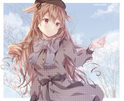 Rule 34 | 1girl, artist name, bare tree, beret, black hat, brown eyes, buttons, closed mouth, coat, grey coat, grey scarf, hair between eyes, hair flaps, hat, kantai collection, kukimaru, light brown hair, long hair, long sleeves, murasame (kancolle), murasame kai ni (kancolle), scarf, smile, solo, tree, twitter username, watch, wristwatch
