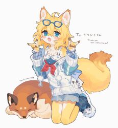 Rule 34 | 1girl, :d, ahoge, animal ear fluff, animal ears, animal print, artist name, bird print, blonde hair, blue-framed eyewear, blue eyes, blue footwear, blue shorts, blush stickers, body fur, commission, commissioner name, eyewear on head, fangs, fox ears, fox girl, fox shadow puppet, fox tail, from side, full body, furry, furry female, glasses, gomafuto, hair between eyes, hands up, highres, jacket, kneeling, long sleeves, looking at viewer, neckerchief, off-shoulder jacket, off shoulder, open mouth, original, pom pom (clothes), red neckerchief, short hair, shorts, signature, simple background, skeb commission, smile, solo, stuffed fox, tail, thank you, white background, white fur, white jacket, yellow fur