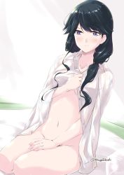 Rule 34 | 1girl, black hair, blush, bottomless, collarbone, commentary request, dress shirt, futon, hair down, houshou (kancolle), kantai collection, long hair, mikage takashi, naked shirt, navel, open clothes, open shirt, purple eyes, seiza, shirt, sitting, smile, solo
