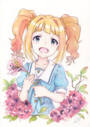 1girl aqua_eyes blue_serafuku blue_shirt collarbone cropped_torso flower hair_ornament hair_scrunchie highres holding holding_flower idolmaster idolmaster_(classic) idolmaster_million_live! idolmaster_million_live!_theater_days ishigoromo looking_at_viewer official_alternate_costume open_mouth orange_hair painting_(medium) pink_flower school_uniform scrunchie serafuku shirt short_sleeves smile solo summer_junior_highscool_(idolmaster) summer_uniform_series_(idolmaster) takatsuki_yayoi traditional_media twintails upper_body watercolor_(medium) white_background yellow_scrunchie